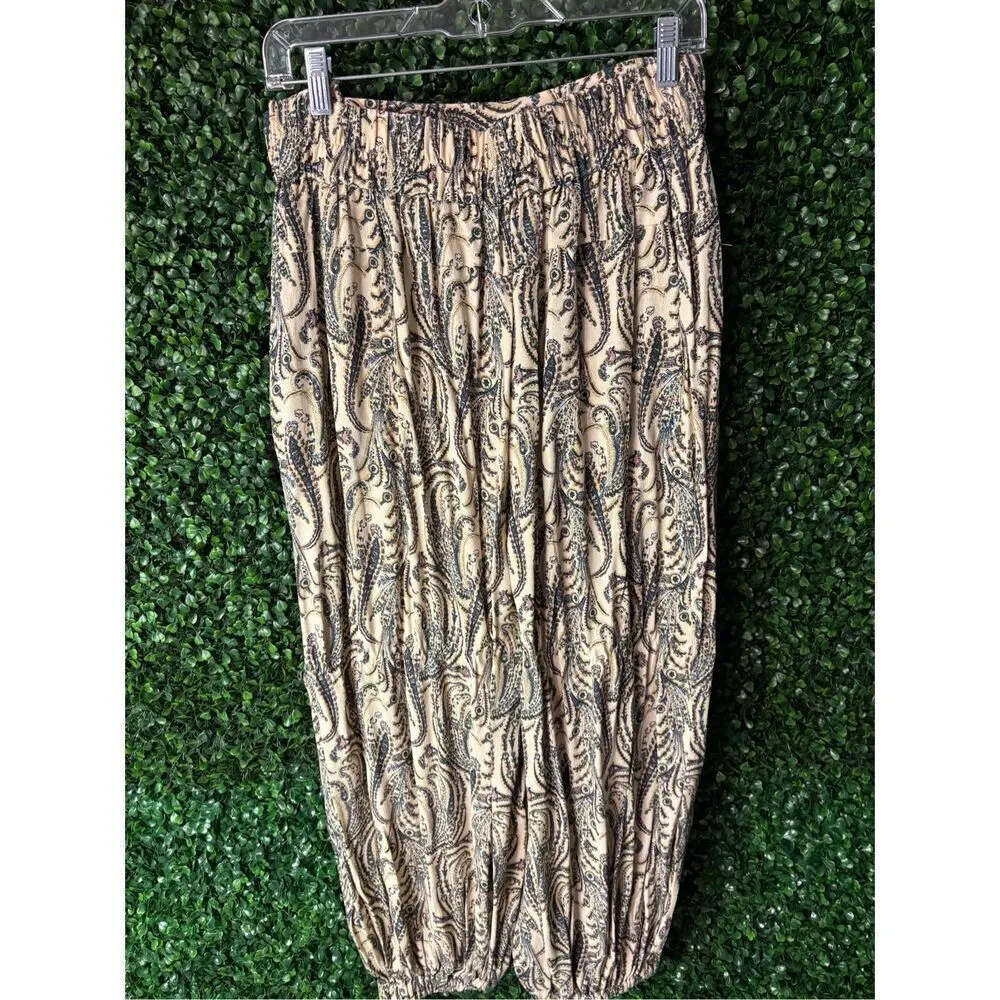 By Anthropologie Harem Pants SZ Small Beige Teal Paisley Boho Button Zip Festiva - Image 2