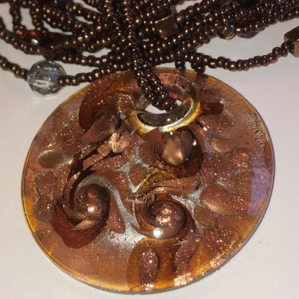 Vintage Multi Strand Brown Seed Bead Necklace With Brown & Gold Glass Pendant - Image 3