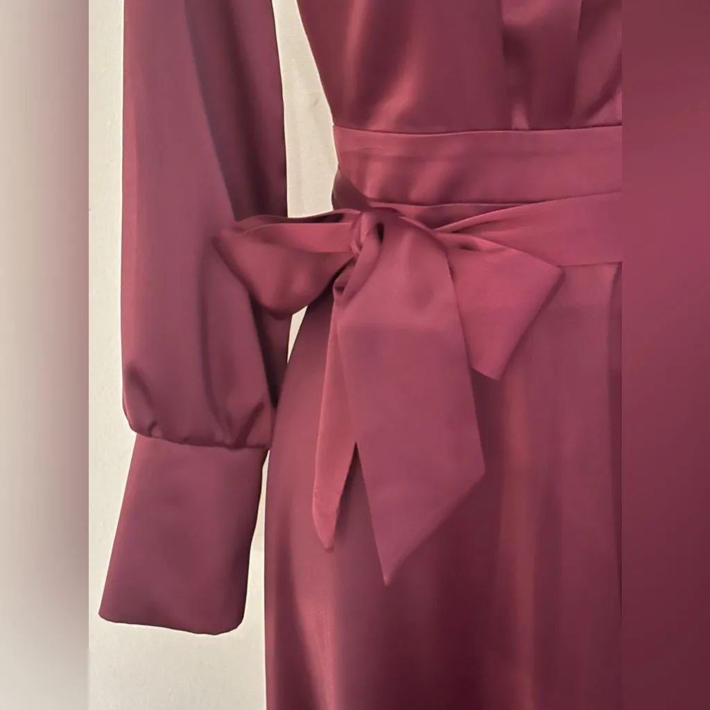 Chicwish Deep Satin Burgundy Long Sleeve 3 Gold Long Button Dress Sleeves  Sz XS - Image 5