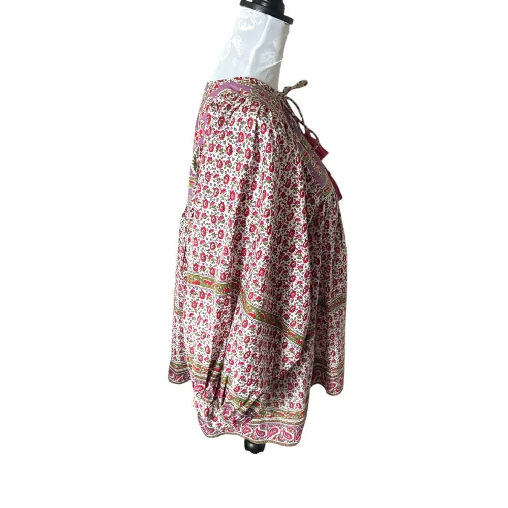 Mille Resort Wear Charlie Top Womens Boho Puff Sleeve Colorful Small Pink - Image 3