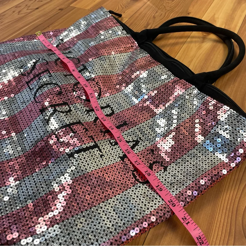 Victoria’s Secret Pink Gray Black Stripe Sequin Zippered Weekend Duffle Bag - Image 9