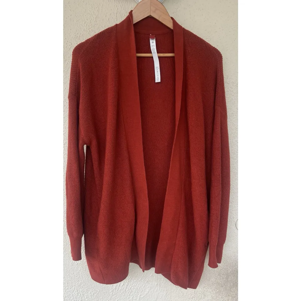 Lululemon Merino Wool Ribbed Long Wrap Sweater Cardigan Cayenne 8 Thick Layer Red - Image 2