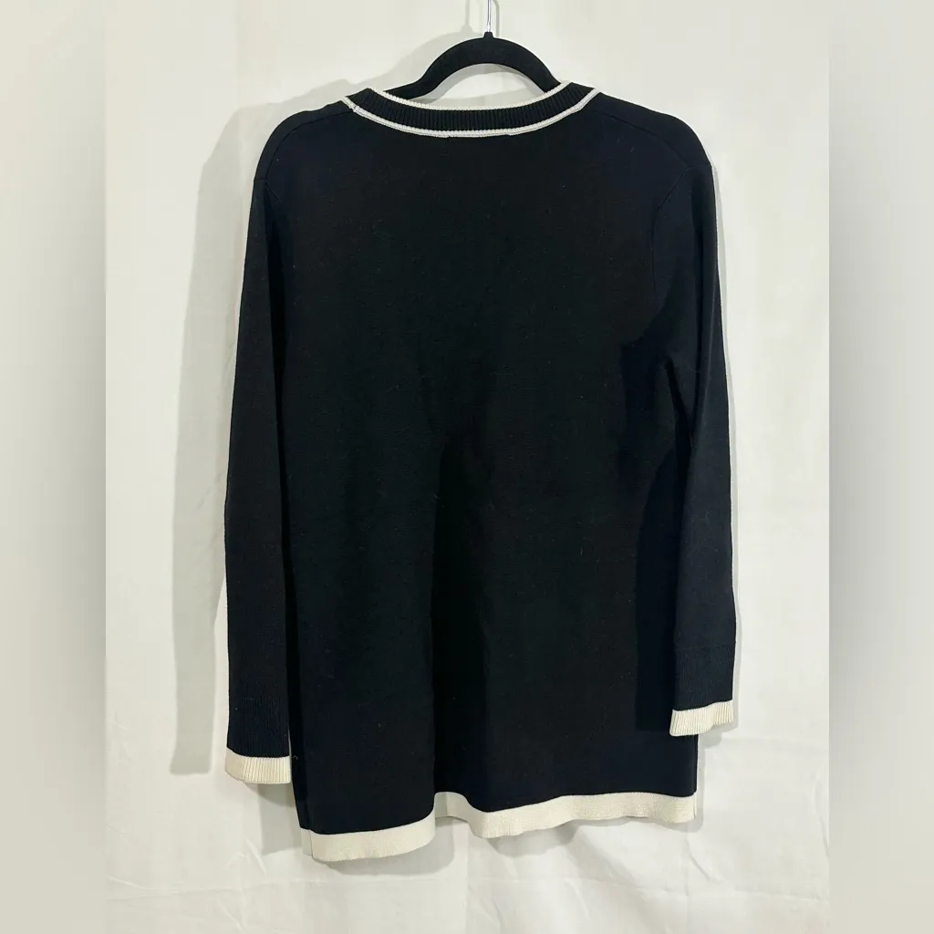 Zara Knit Pearl Button Cardigan Sweater Black White Trim Red Pockets Women’s S - Image 5