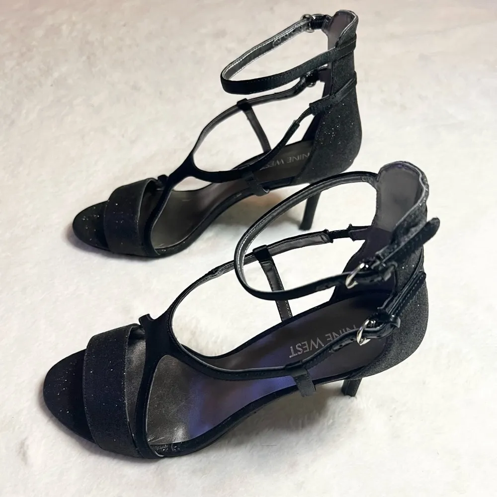 Nine West Black Glitter Strappy Ankle Strap Heels Size 8 - Image 10