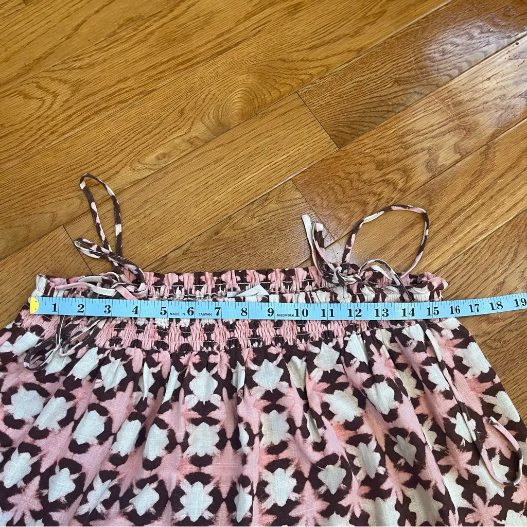 LOFT Geometric Print Linen blend Smocked Swing Tank Top Pink White Brown Size L - Image 7