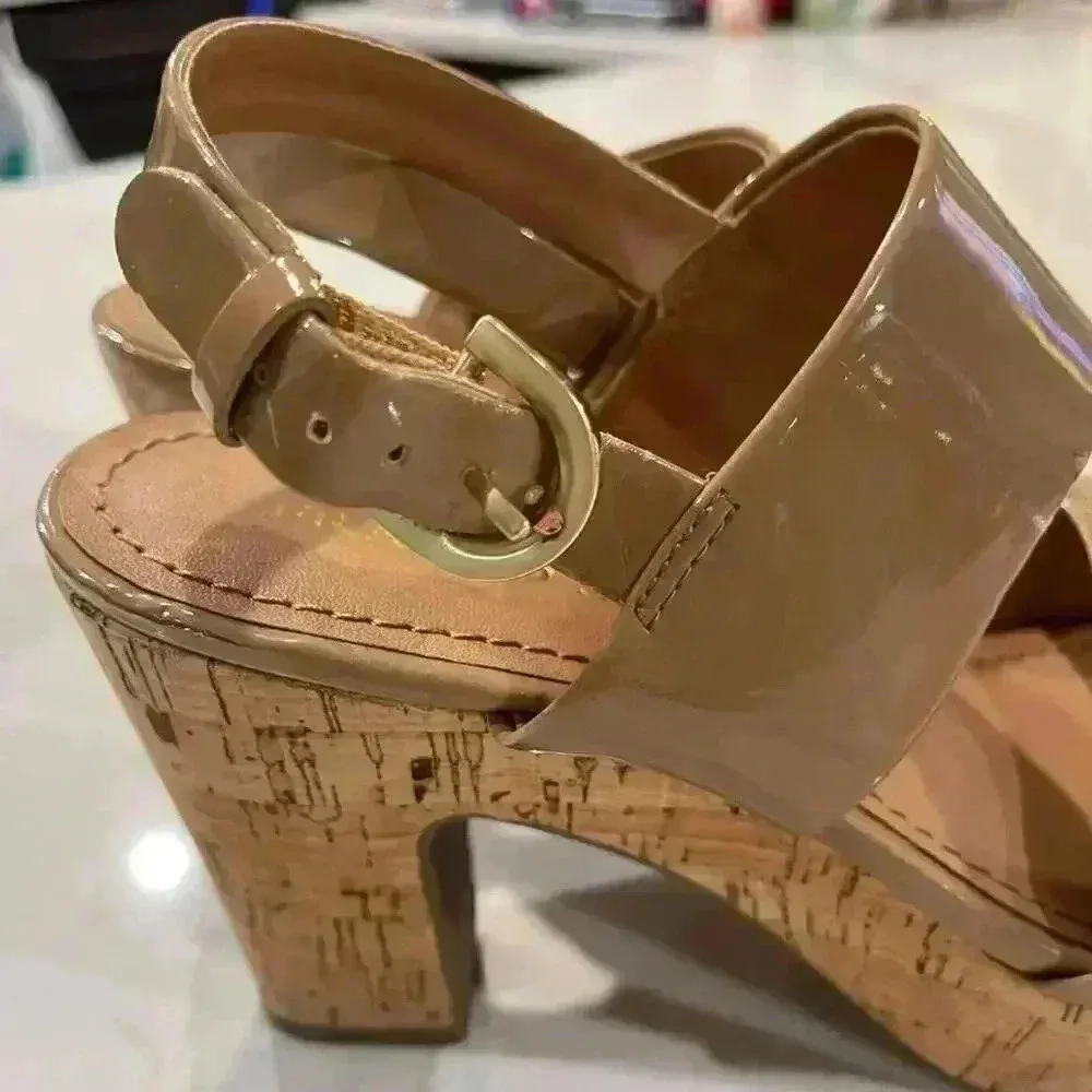 Franco Sarto Frank Nude Cork Block Heels Shiny Strappy Ankle Women’s Size 6.5 - Image 6