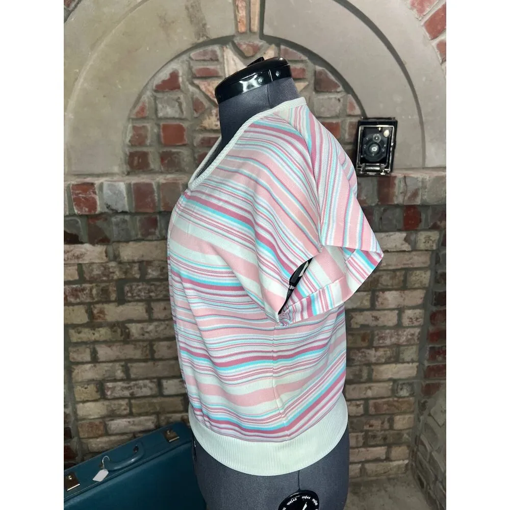 1980s top striped pastel dolman sleeve pink blue Size M - Image 5