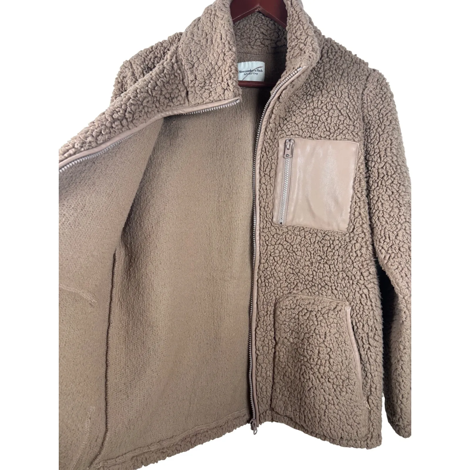 Abercrombie Fitch Soft A&F Cozy S Sherpa Fleece Jacket Mock Neck Zip Front Tan - Image 4