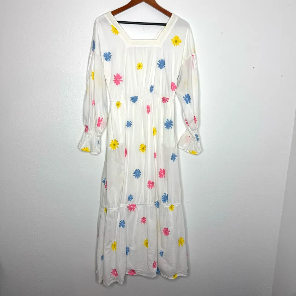 Something Navy Rainbow Multi Flower Embroidered Tiered Long Sleeve Maxi Dres - Image 2