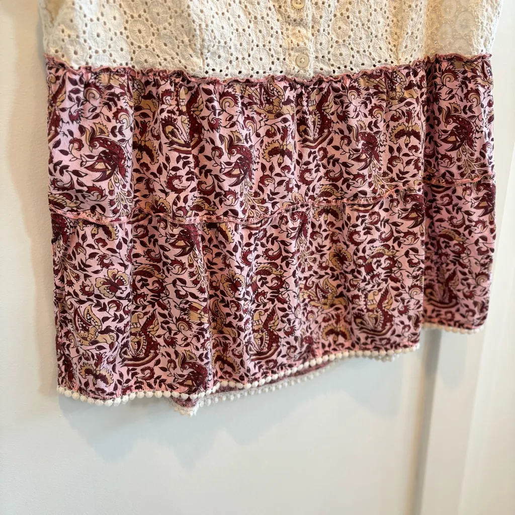 Prana Effie Tank Eyelet Crochet Ivory Lace Boho Burgundy Floral Womens Size L - Image 4