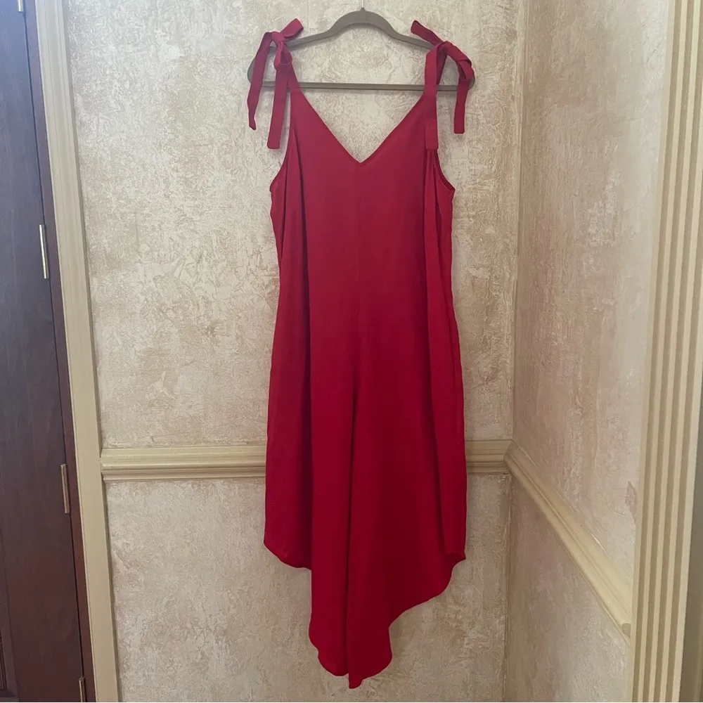 Everlily Red Linen midi jumpsuit romper sleeveless v - Image 3