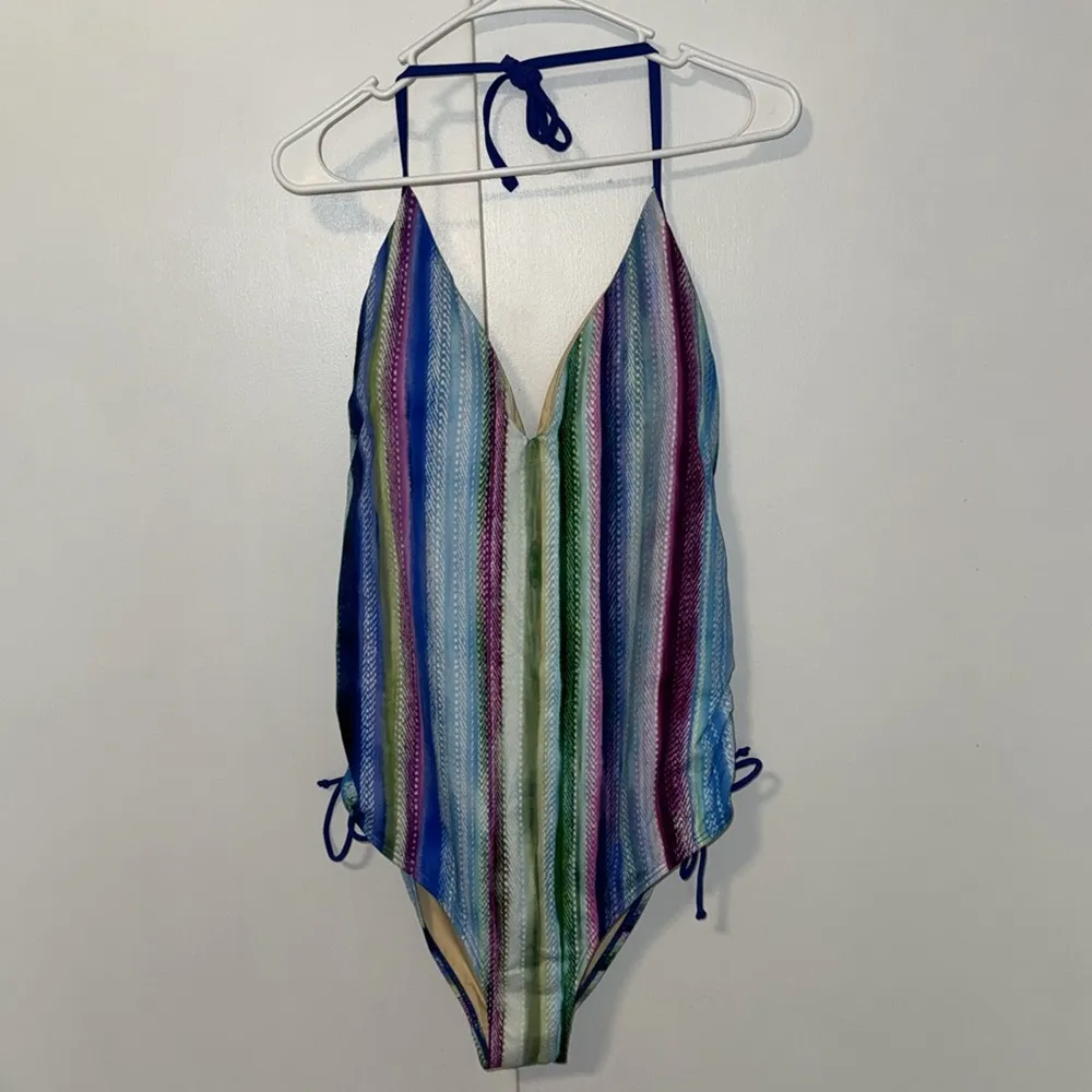 Swimsuits For All Striped Halter One Piece Swimsuit Women’s 18 Tummy Control UPF Blue - Image 3