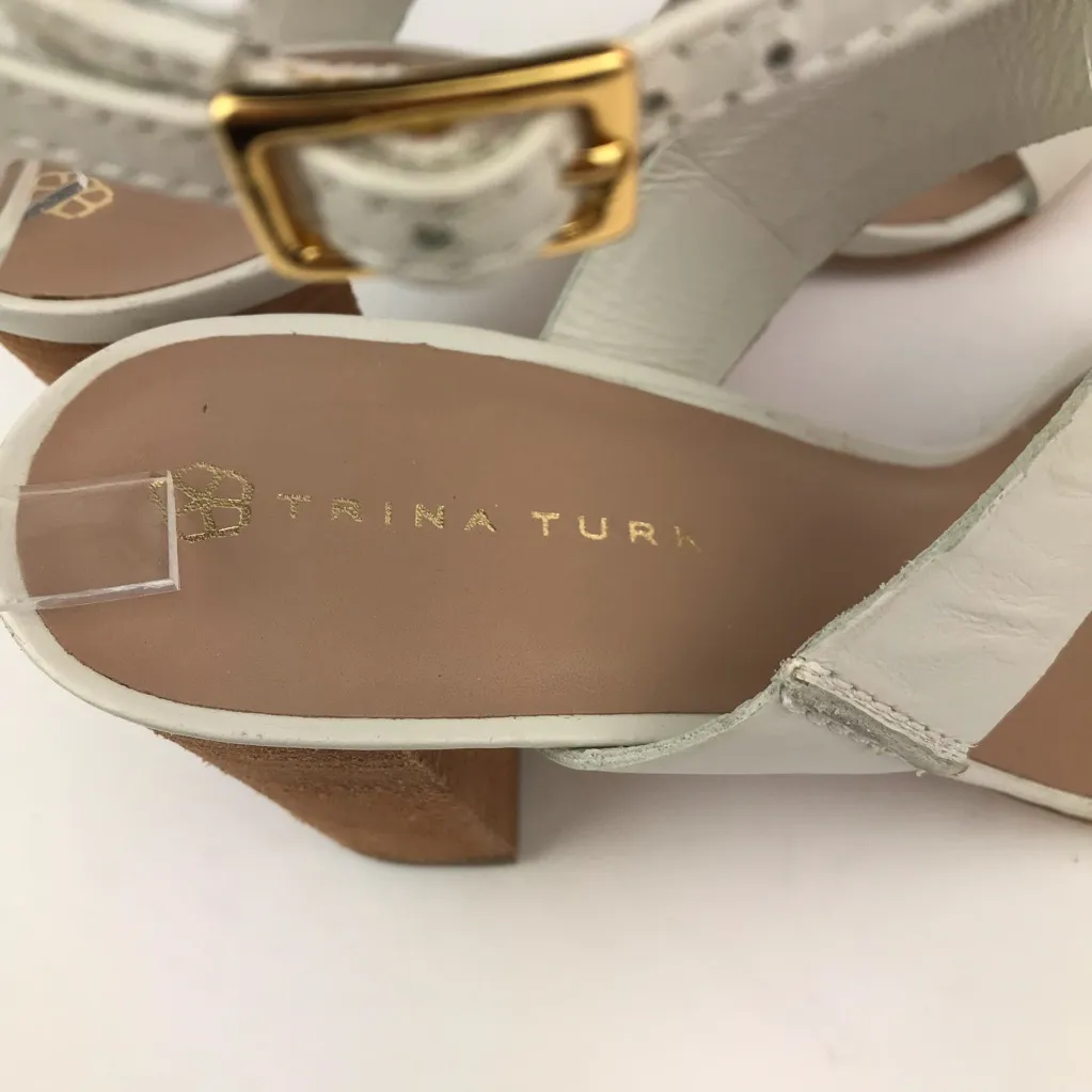 Trina Turk SilveTrina Turk Silver Lake White Leather Jeweled Stack Heels Sandals - Image 4
