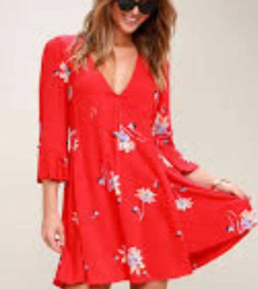 Free People Time On My Side Red Floral Print Wrap Dress Size Small - Image 3