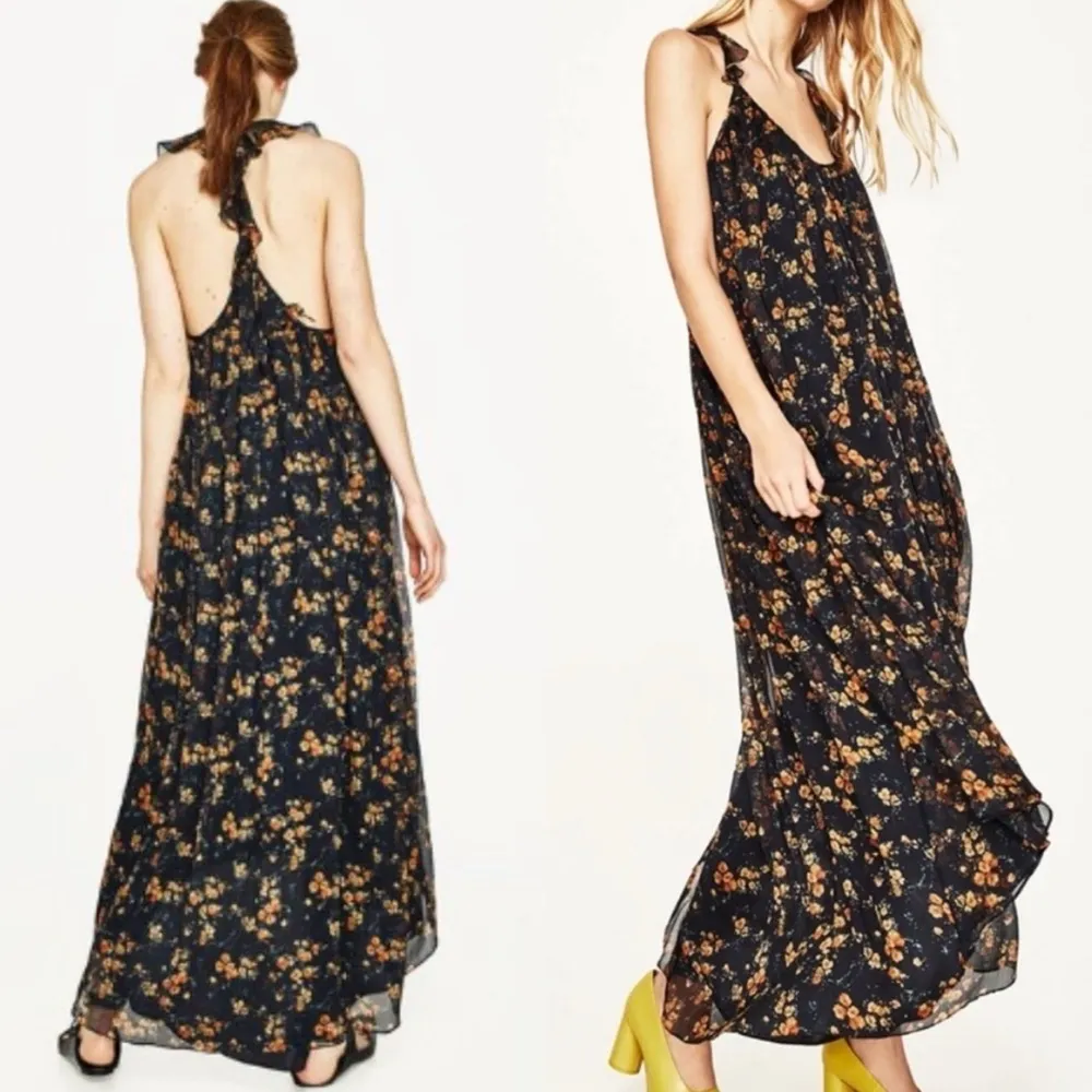 Zara Floral Sheer High Low Dress Halter Ruffles Size Small Orange Black - Image 3