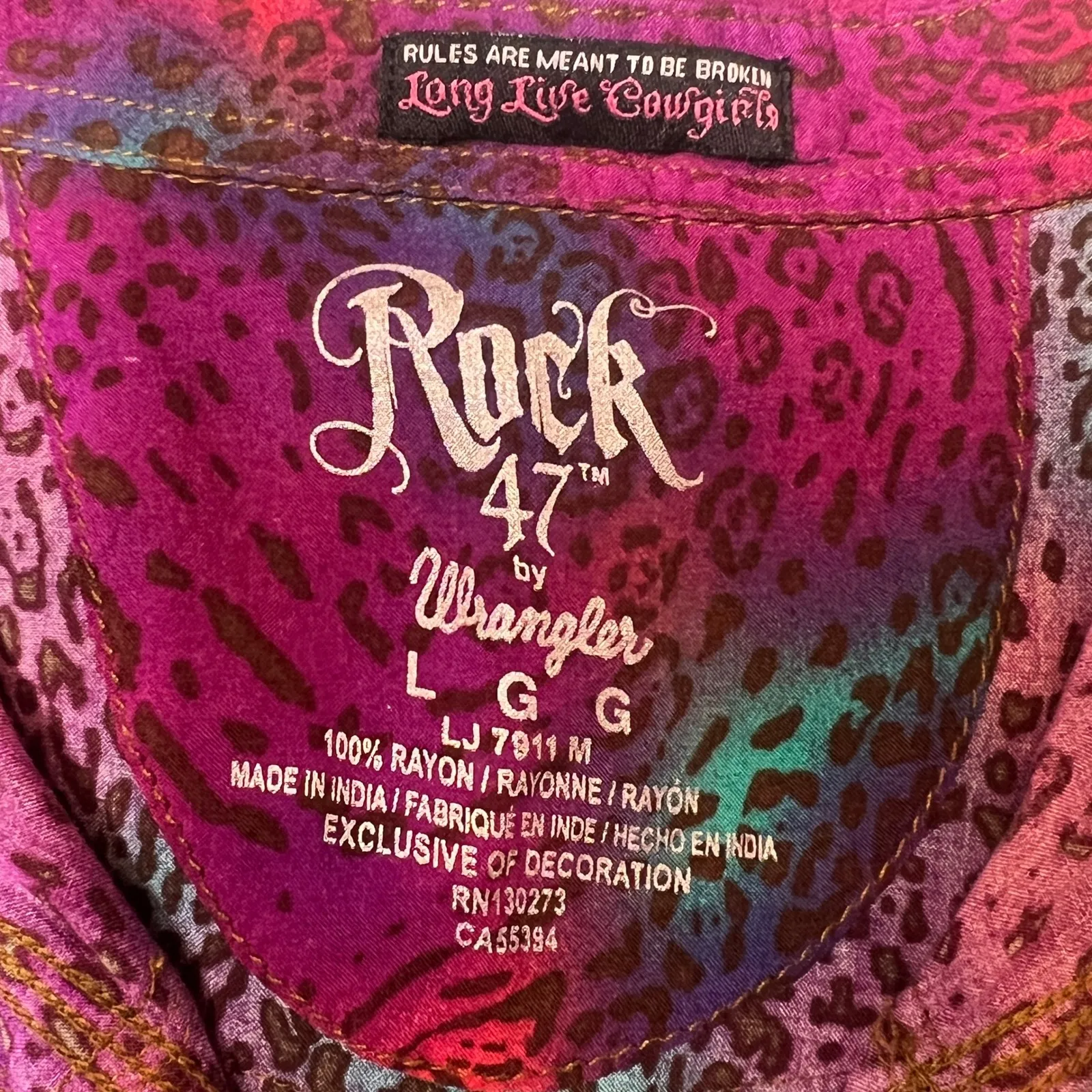 Rock 47 by Wrangler Multicolor Neon Leopard Snap Shirt Women's L Rodeocore Glam Pink Size L - Image 5