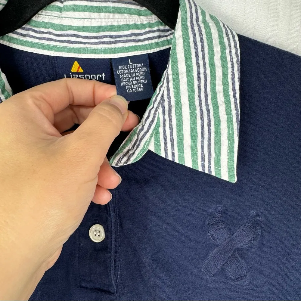 Liz Sport Golf Bags Vintage Navy Blue Polo Shirt Women’s Size Large Striped Trim - Image 5