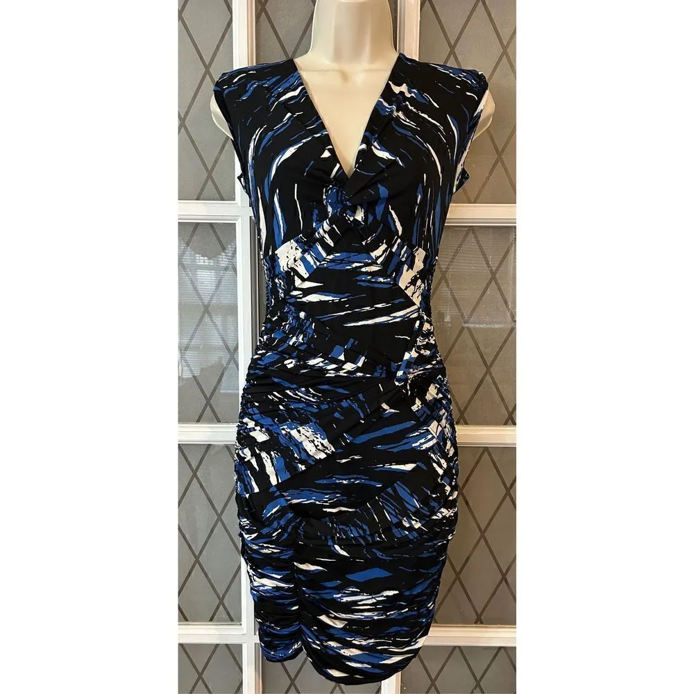 BCBGmaxazria LARKSPUR BLUE RUCHED CAP SLEEVE RAYON JERSEY DRESS Size XS - Image 4