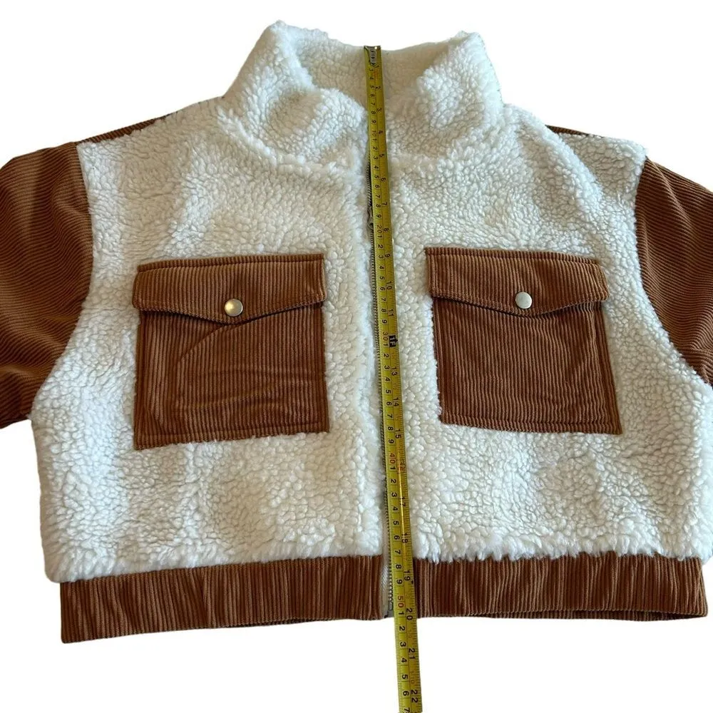HYFVE  Women’s M Cropped Mixed Media Jacket Sherpa Corduroy Brown Cream Fall - Image 3