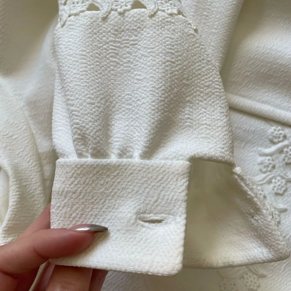 Vintage 60s Handmade Skirt Set Three Piece Jacket Top Eyelet Sz S Off White‎ - Image 5