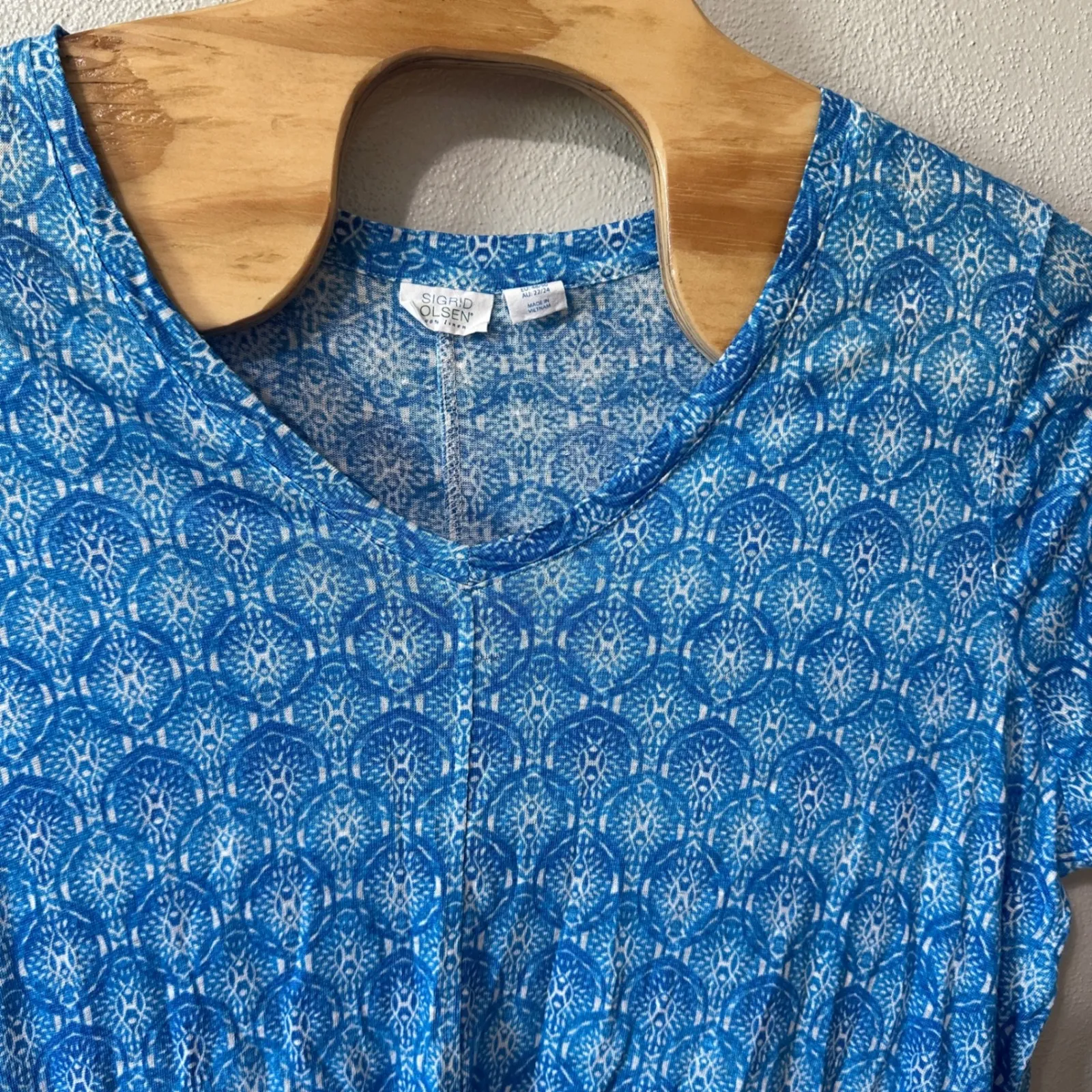 Sigrid Olsen Linen Top V Neck Blue Pattern Short Sleeve Tshirt Blouse Womens 2X - Image 2