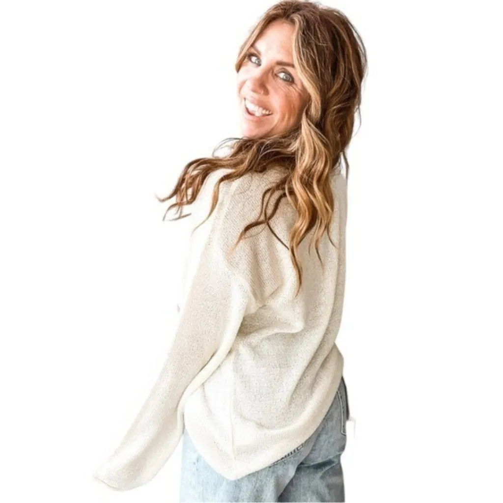 Listicle “Salty yet Sweet” Ivory Pink Knit Long Sleeve Feminine Dainty Coastal M - Image 3