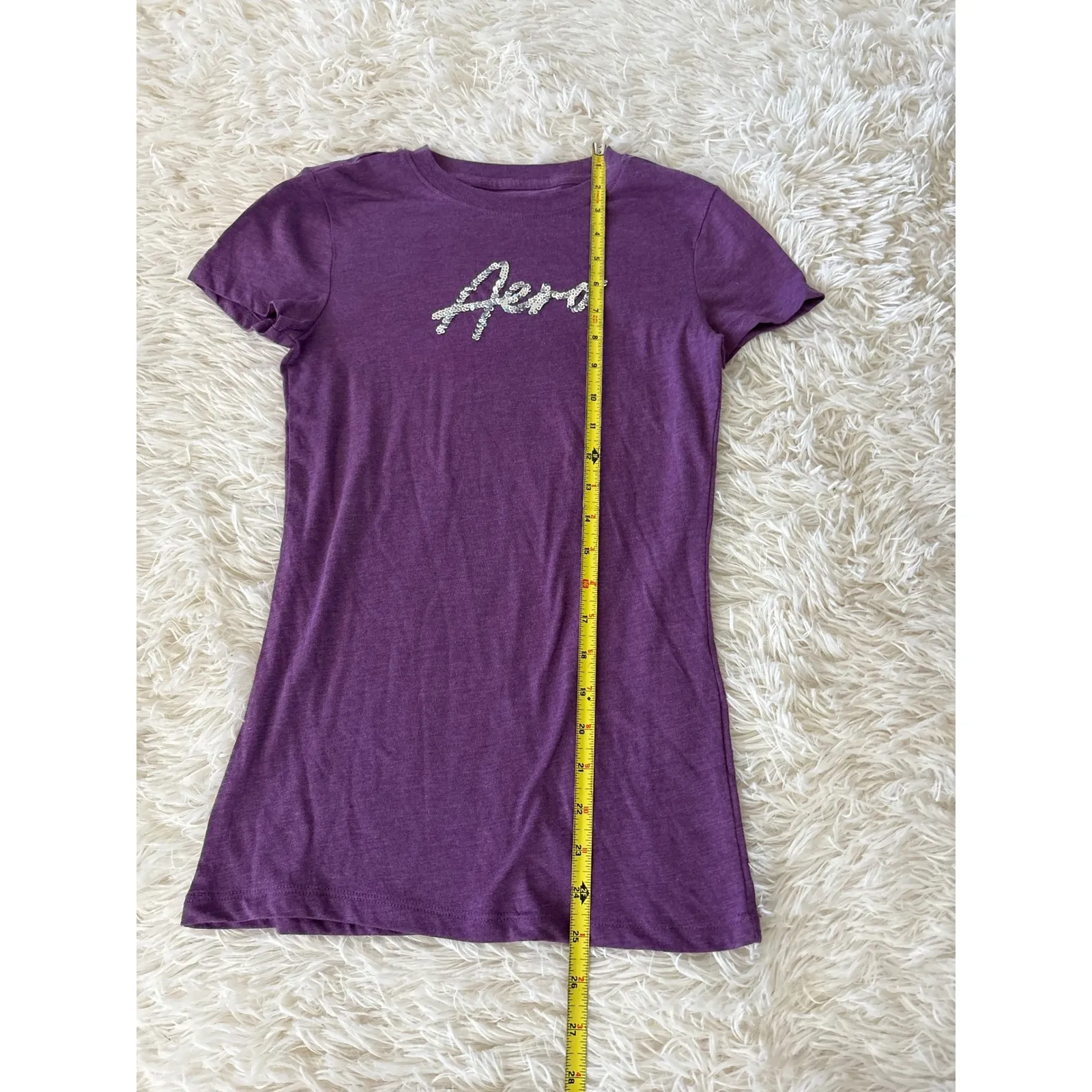 Aeropostale Womens Classic Crew Tee Purple Sequin Logo‎ T-Shirt XS - Image 3
