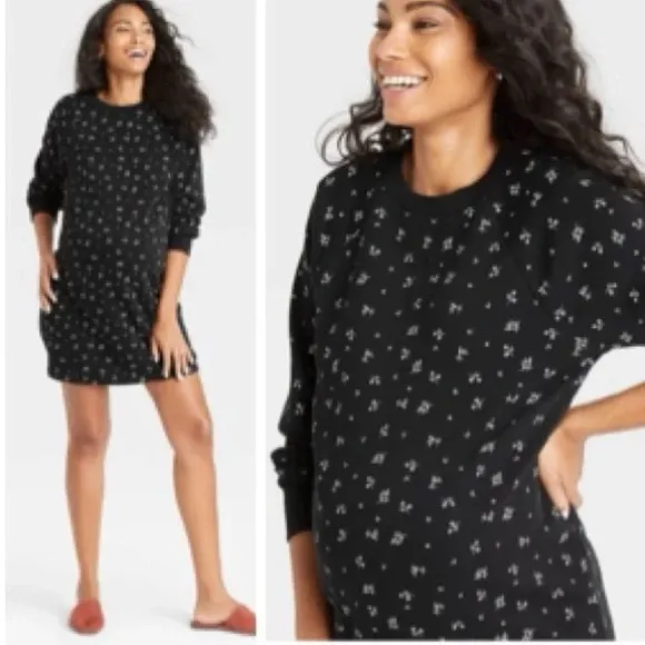 The Nines by Hatch Maternity Sweatshirt Dress Black Floral French Terry Size XS - Image 2