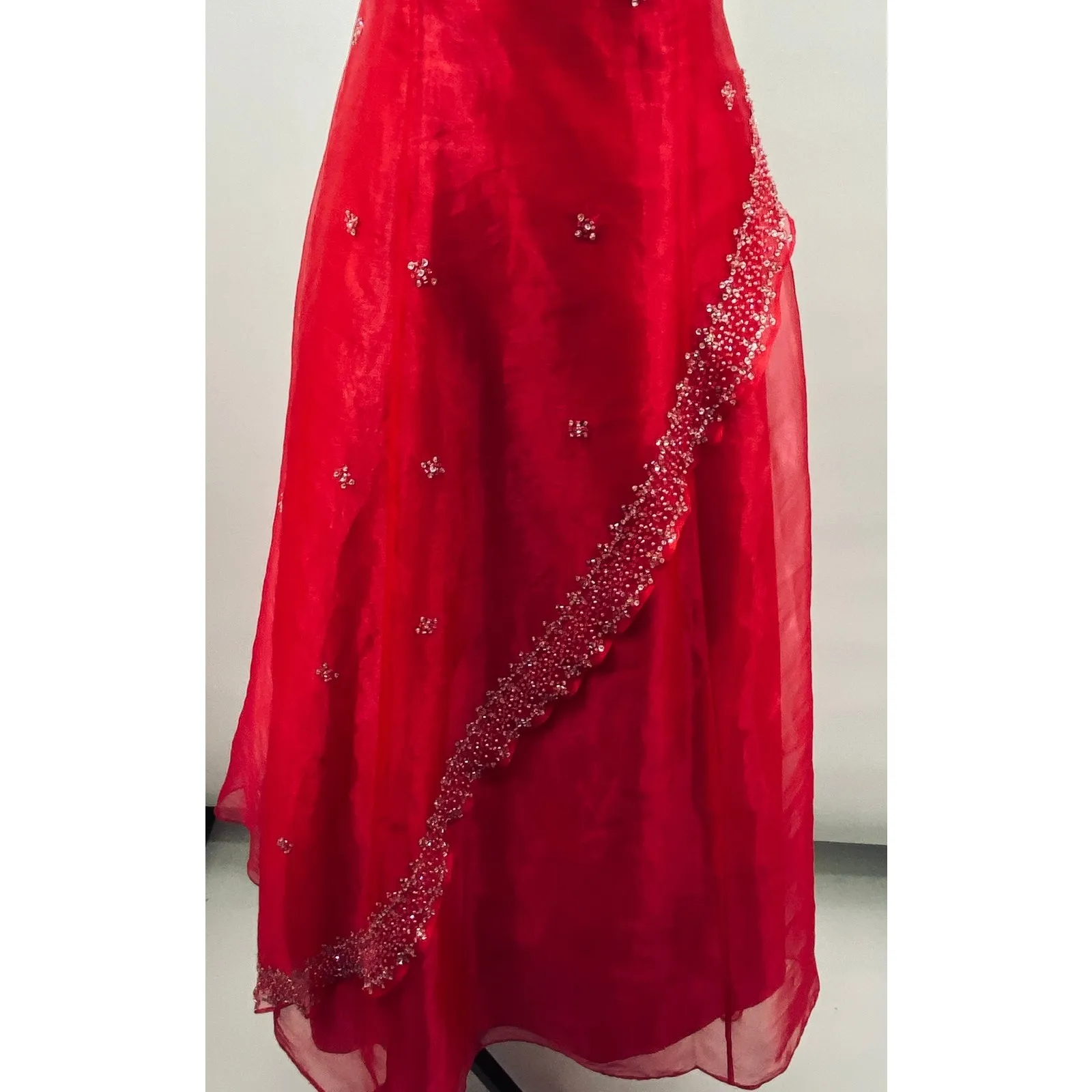 Vintage 90s Y2k Beaded Halter Gown Y Neck Lace up Open Back Organza Hot Pink XS - Image 4