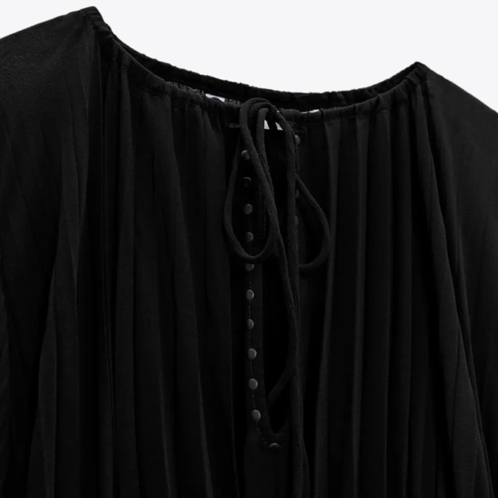ZARA New Women Black Long Sleeve Pleated Short Round Neck Dress With Belt Size M - Image 11