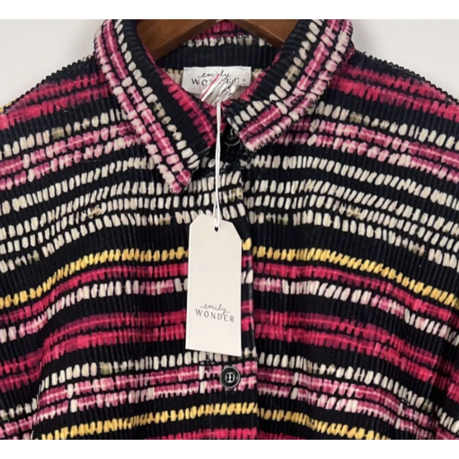 Emily Wonder Multicolor Ribbed Button up Shirt S Long Sleeve Collared Boho Retro - Image 10