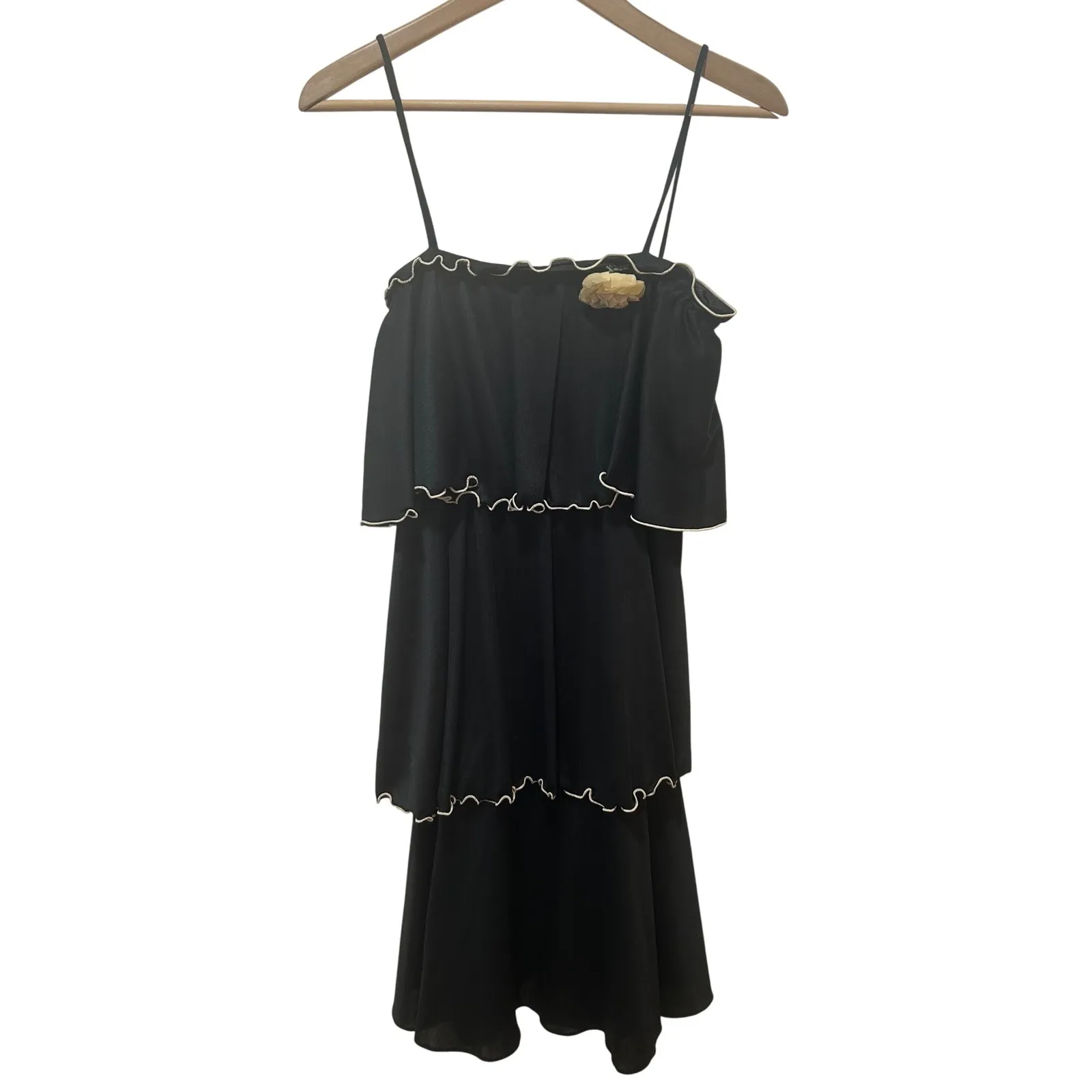 Vintage Paper Tag Black Ruffled Tiered Spaghetti Strap Dress Flower Accent Sz 10 - Image 2