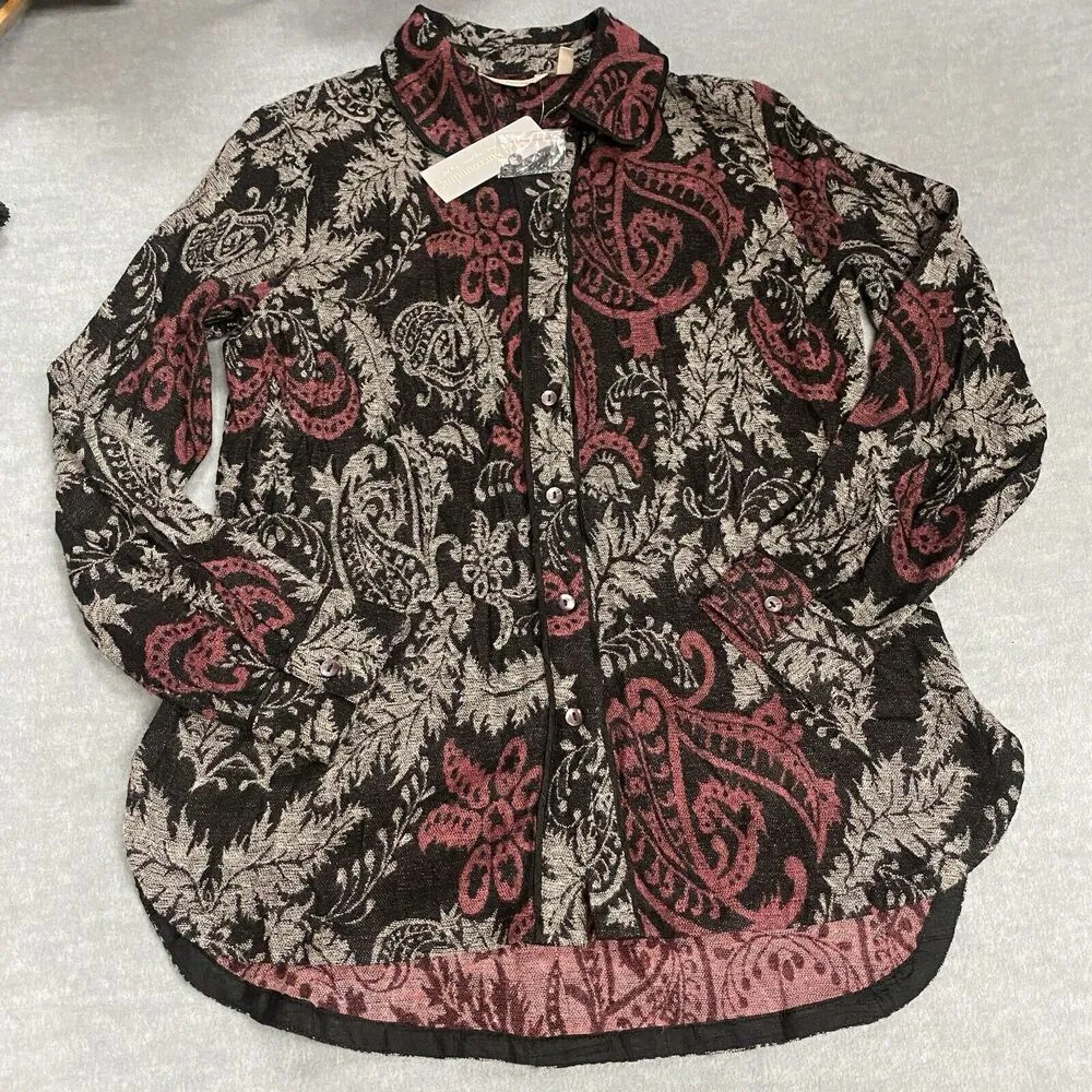 Soft Surroundings Jacquard Shirt Women XS Black Red Paisley Collared Chatnam Top - Image 5