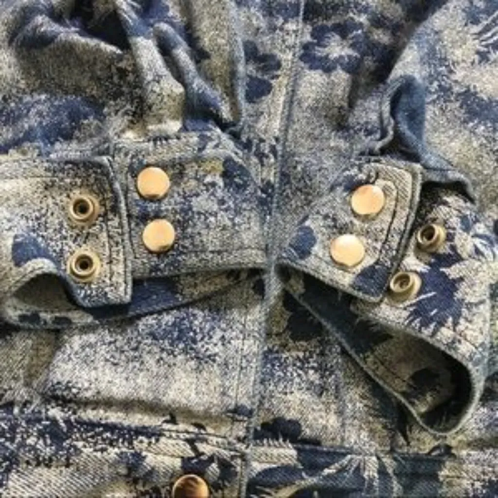 Vintage 80s Jean‎ Jacket Tropical Floral Hawaiian Blue Denim Cotton Women Unique Size M - Image 8