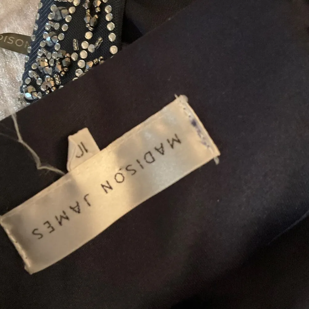 Madison James Navy Beaded Halter Prom Gown With Open Back Size 10 long 2 piece - Image 6