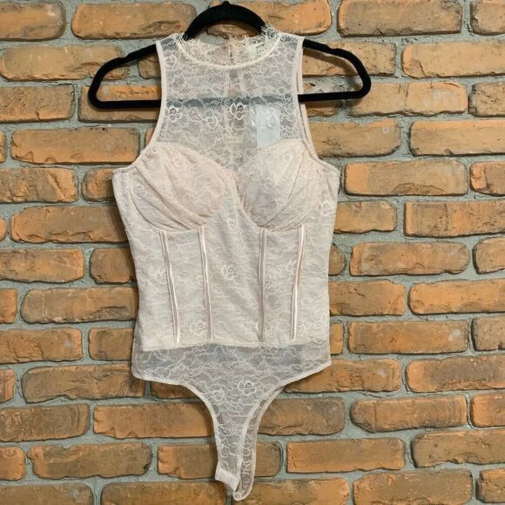 Privy Bodysuit Womens Medium Pink Lace High Neck Corset Bodysuit Bustier Top NWT - Image 2