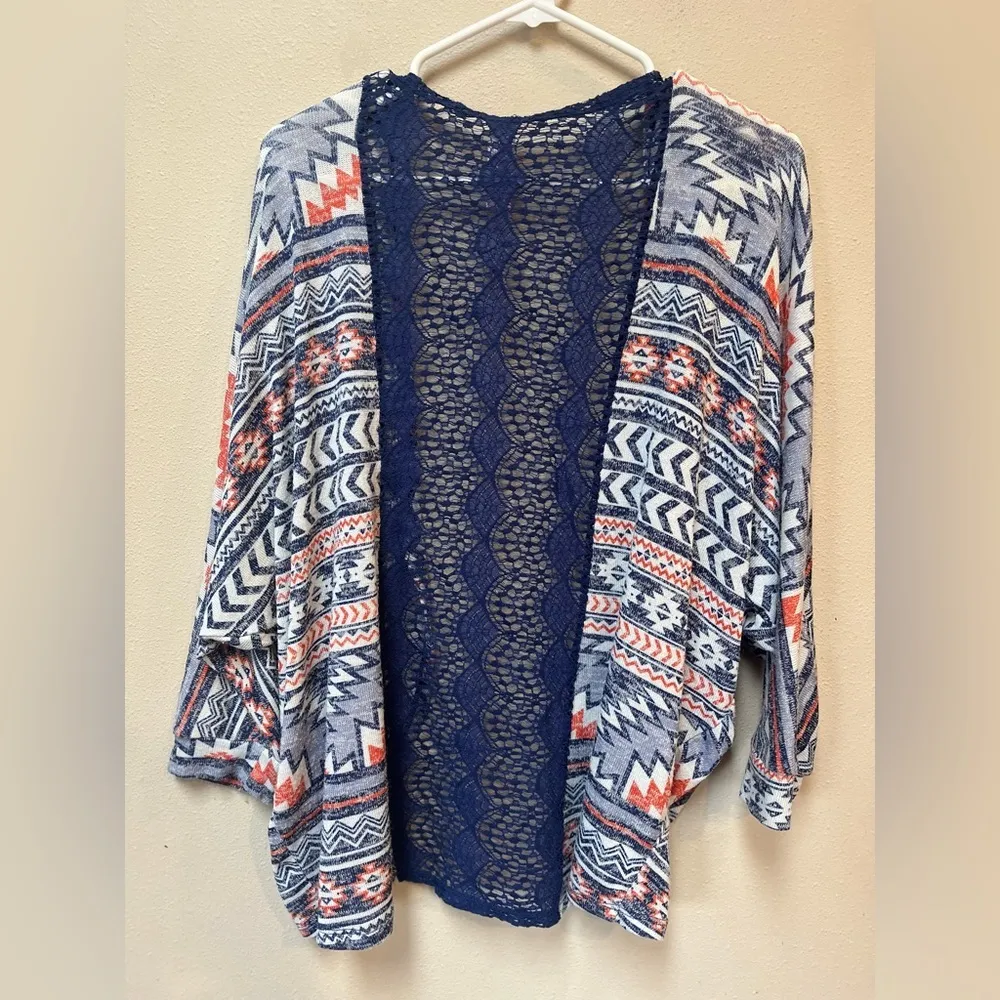 No Boundaries Juniors Navy Blue Coral Aztec Crochet Back Boho Sweater Cardigan M - Image 2