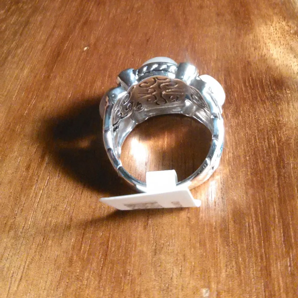 White Rainbow Moonstone Three Stone Sterling Silver Ring (Size 7) - Image 13