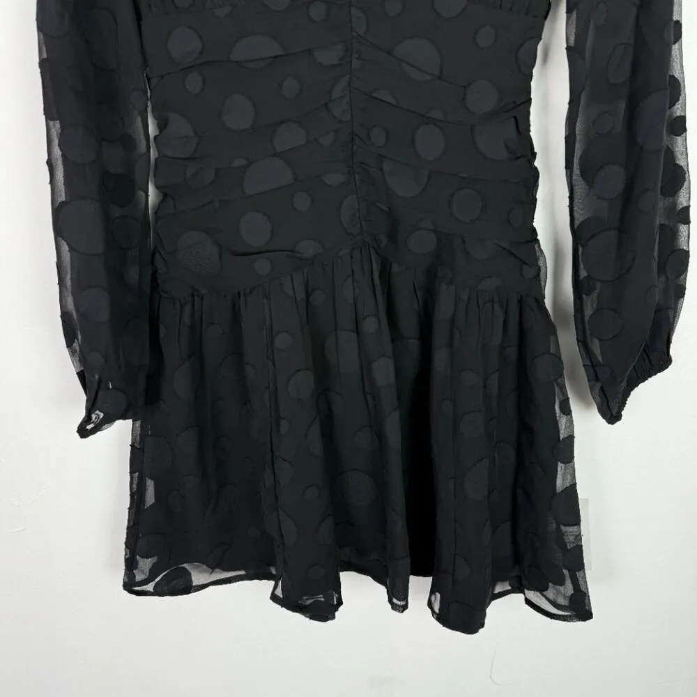 NWT ASOS DESIGN Long Sleeve Ruched Front Skater Mini Dress Black Spot Size 4 NEW - Image 3