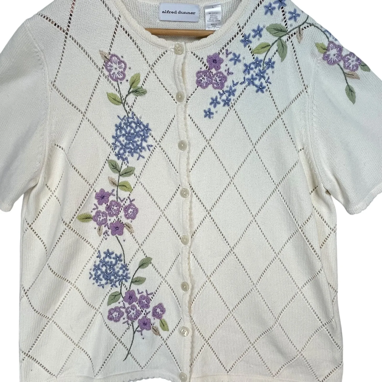 Alfred Dunner Vintage Floral‎ Embroidered Short Sleeve Cardigan Sweater Large - Image 3