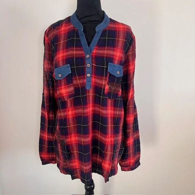 Desigual Womens Red Blue Plaid Tunic Top Long Sleeve Front Pockets Pullover XL‎ - Image 3