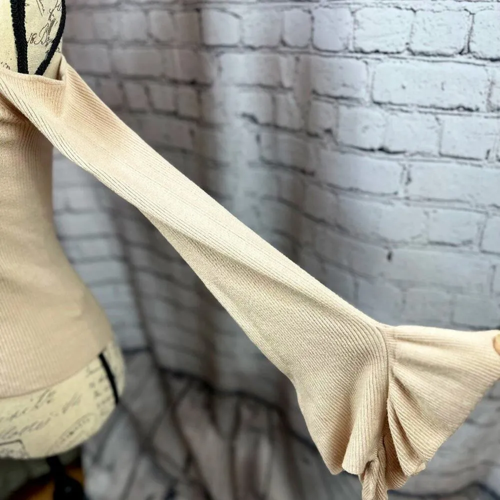 Express Cold Shoulder Ribbed V-Neck Bell Sleeve Sweater - Blush - size M - Image 9