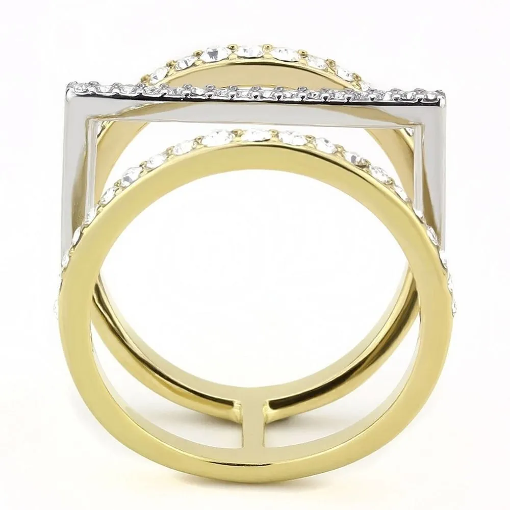 Stainless Steel Two Tone Crystal Art Deco Ring Size 8 Gold - Image 3