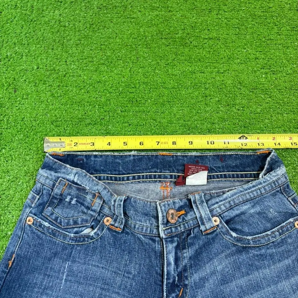 Vintage Y2K Bongo Womens Sz 9 Mid Rise Flare Distressed Blue Denim Jeans Buttons - Image 3