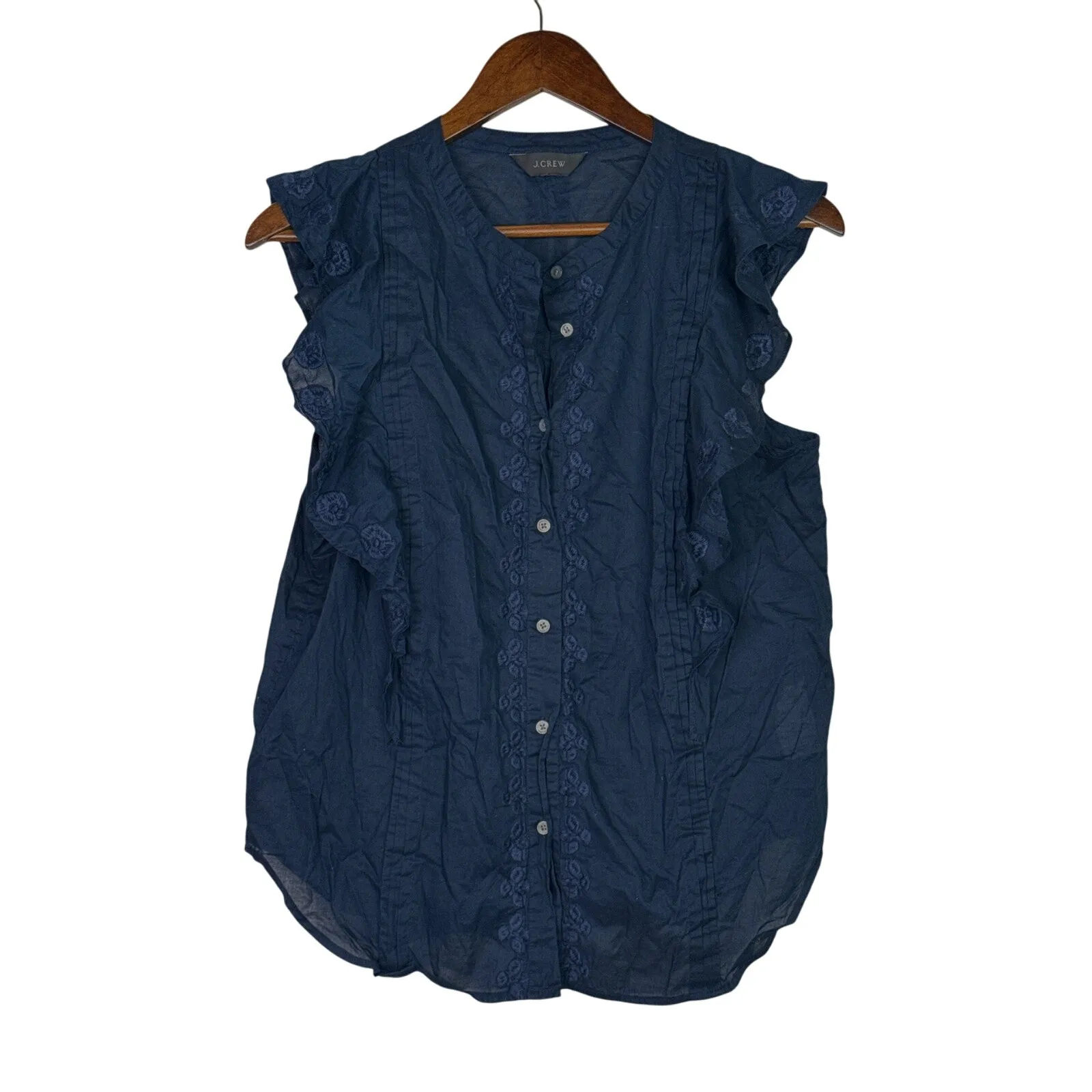 J. Crew Ruffled Neck Floral Embroidered Detail Sleeveless Blouse L Navy Blue - Image 10