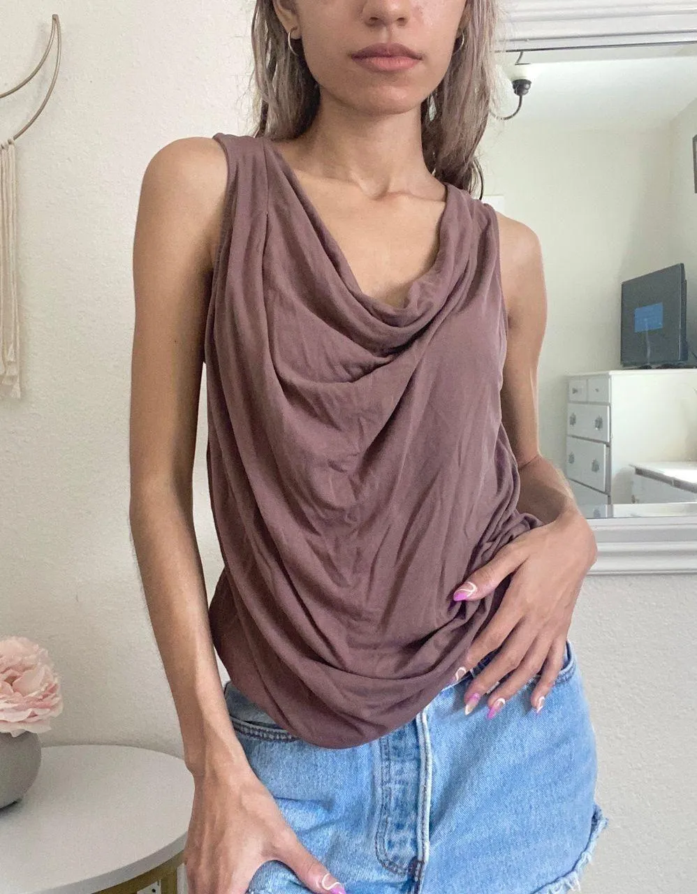 Brown Y2k Cowl Neck Dainty Tank Top - Image 2