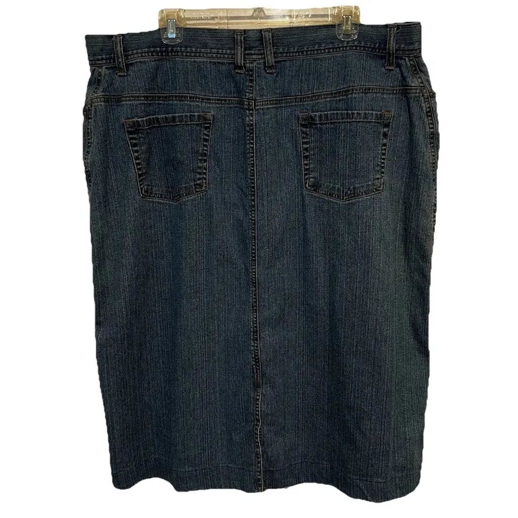 CJ Banks Denim Midi Skirt Size 18W Button Up Pockets Back Split Stretch Blue - Image 2