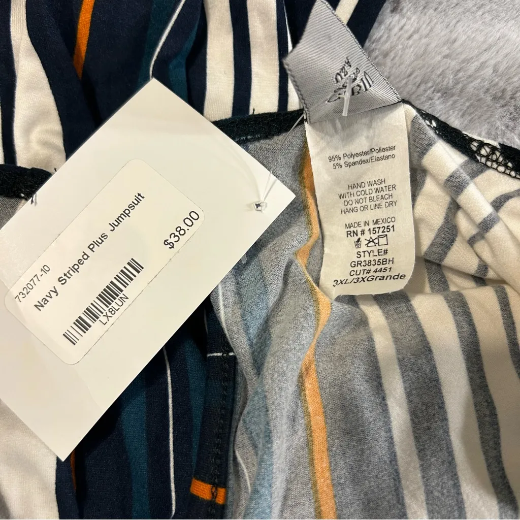 Gibiu Navy Blue and White Striped Jumpsuit Long Sleeves Size 3X - Image 4