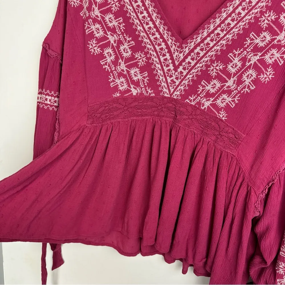 American Eagle Embroidered Boho Top Sz XL Pink Balloon Sleeves - Image 8