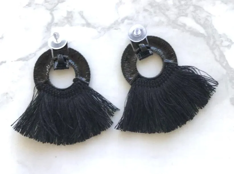 NWT Tassel Decorated Hoop Drop Earrings Black - Image 4
